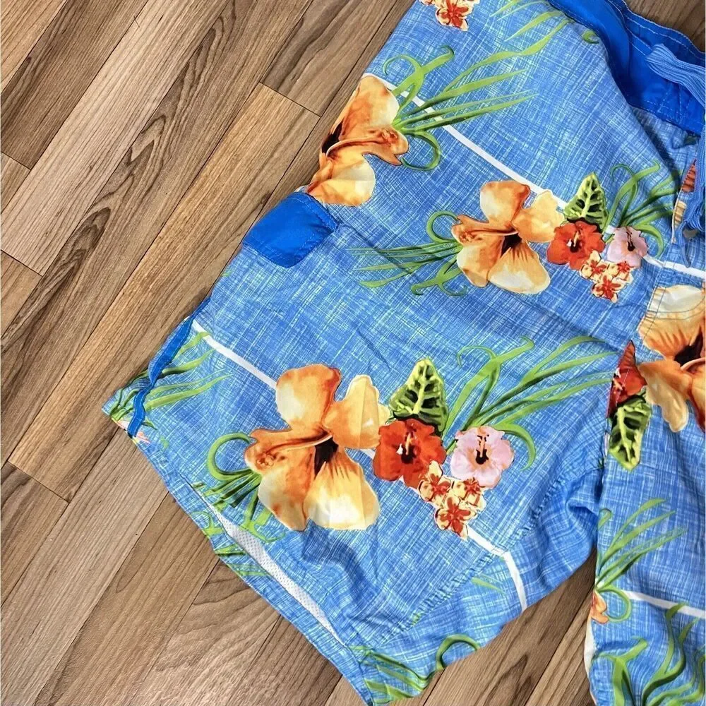 OP Sz 2XL Swim Trunks Board Shorts Mens Drawstring Blue Hawaiian Floral 0841